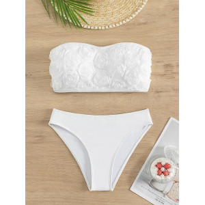 🔥Oferta zilei🔥Costum de baie 2 piese, sutien tip bustiera cu trandafiri decorativi, alb #ZZ2007 - Img 4