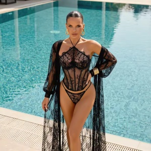 🔥Oferta zilei🔥Set lenjerie intima sexy din dantela, negru, 2 piese #ZZ4267 - Img 8