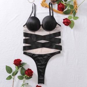 🔥Oferta zilei 🔥Body sexy cu benzi satinate, insertii de tul si cupe buretate, negru/ bej #ZZ4168 - Img 9