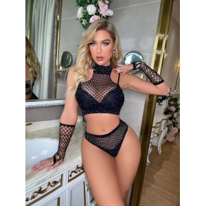 🔥Oferta zilei 🔥Set lenjerie intima sexy elastica cu bustiera, slip si manusi, negru, 3 piese #ZZ4496 - Img 11