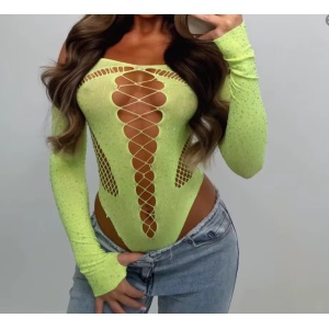 Body sexy elastic cu decolteu adânc și cristale decorative, verde neon #ZZ4099 - Img 7