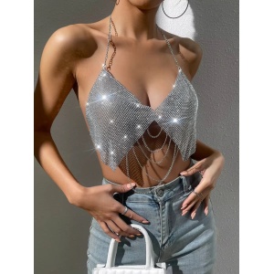 Bustiera metalica tip body chain cu lanturi decorative, argintiu #ZZ4447 - Img 3