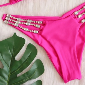 Costum de baie 2 piese brazilian cu cristale decorative la slip si sutien, roz neon #ZZ2121 - Img 8