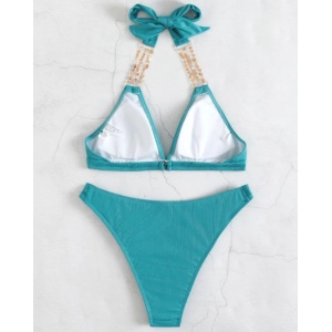 Costum de baie 2 piese cu accesorii metalice decorative, turcoaz #ZZ2726 - Img 4
