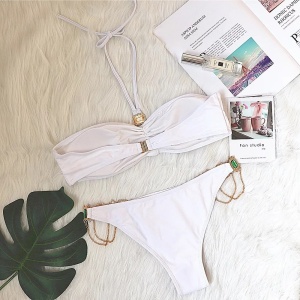 Costum de baie 2 piese cu accesorii metalice si cristale decorative, alb #ZZ2882 - Img 6