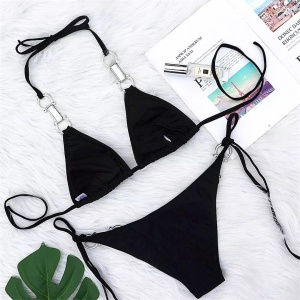 Costum de baie 2 piese cu catarame metalice la slip si sutien, negru #ZZ2853 - Img 7