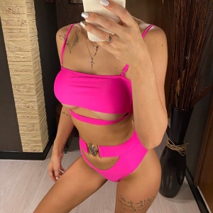 Costum de baie 2 piese cu catarame metalice si slip cu talie inalta, roz fucsia #ZZ2795 - Img 5
