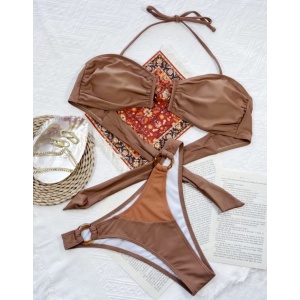 Costum de baie 2 piese cu cercuri decorative, maro #ZZ2748 - Img 3