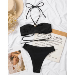 Costum de baie 2 piese cu decupaje, snururi si cercuri metalice decorative, negru #ZZ2085 - Img 4