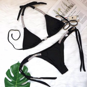 Costum de baie 2 piese cu elemente metalice si cristale decorative la slip si sutien, negru #ZZ2916 - Img 8