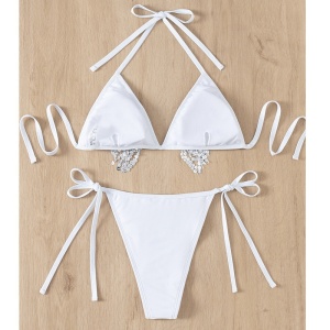 Costum de baie 2 piese cu franjuri si paiete decorative, alb #ZZ2851 - Img 3