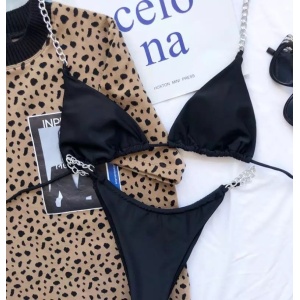 Costum de baie 2 piese cu lantisoare decorative la slip si sutien, negru #ZZ2846 - Img 2