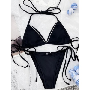 Costum de baie 2 piese cu lantisor decorativ la sutien, negru #ZZ2746 - Img 8