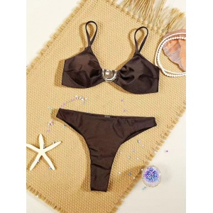 Costum de baie 2 piese cu slip brazilian si accesoriu metalic la sutien, maro #ZZ2011 - Img 3