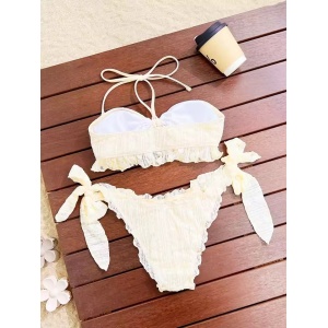 Costum de baie 2 piese cu slip reglabil, bej #ZZ2070 - Img 6