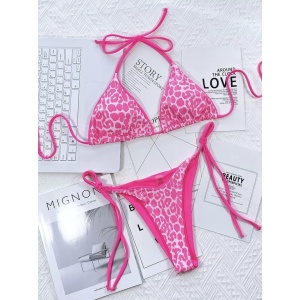 Costum de baie 2 piese cu slip reglabil, imprimeu leopard, roz fucsia #ZZ2928 - Img 3