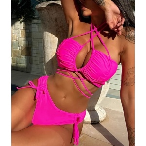 Costum de baie 2 piese cu snururi reglabile pa slip si sutien, roz fucsia #ZZ2799