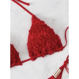 Costum de baie 2 piese cu trandafiri aplicati si perle decorative, rosu #ZZ2756 - Img 4