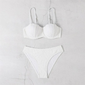 Costum de baie 2 piese din material texturat, sutien cu push-up, alb #ZZ2051 - Img 4