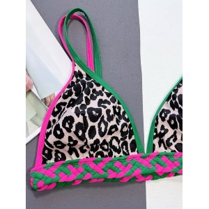 Costum de baie 2 piese, imprimeu leopard, benzi impletite la slip si sutien, multicolor #ZZ2031 - Img 5