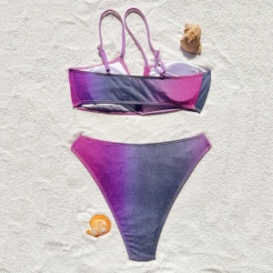Costum de baie 2 piese in degrade cu sclipici, sutien cu burete detasabil, slip normal, mov #ZZ2712 - Img 4