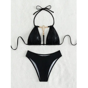 Costum de baie 2 piese lucios, imprimeu sarpe si accesoriu cu cristale la sutien, negru #ZZ2022 - Img 3