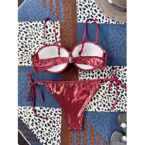 Costum de baie 2 piese metalizat cu push-up, slip reglabil, visiniu #ZZ2066 - Img 11