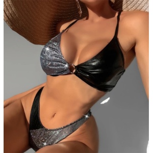 Costum de baie 2 piese metalizat in doua culori, slip tanga, negru/ argintiu #ZZ2849