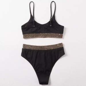 Costum de baie 2 piese reiat, broderie aurie, slip cu talie inalta, negru #ZZ2805 - Img 2