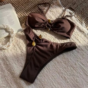 Costum de baie 2 piese reiat cu accesorii la slip si sutien, maro #ZZ2046 - Img 8