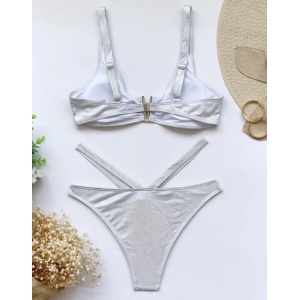 Costum de baie 2 piese sidefat, cu decupaje la slip, argintiu #ZZ2858 - Img 5