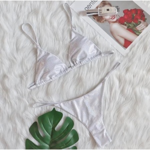 Costum de baie 2 piese sidefat, slip tanga cu cristale decorative la spate, alb sidefat #ZZ2876 - Img 9