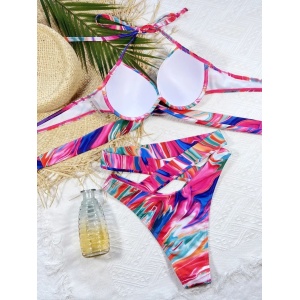 Costum de baie 2 piese, slip brazilian cu talie inalta, cupe tari din burete, multicolor #ZZ2732 - Img 4