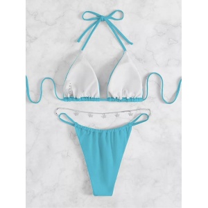 Costum de baie 2 piese, slip cu lantisor decorativ, albastru turcoaz #ZZ2905 - Img 4