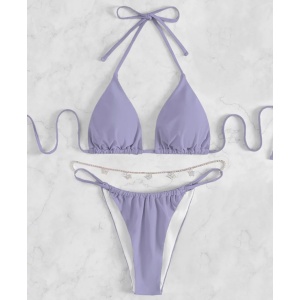 Costum de baie 2 piese, slip cu lantisor decorativ, lila #ZZ2782 - Img 3