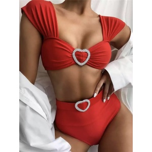 Costum de baie 2 piese, slip cu talie inalta, bretele groase si inimioare decorative, rosu #ZZ2728