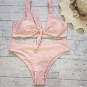Costum de baie 2 piese, slip cu talie inalta, roz #ZZ2813 - Img 4