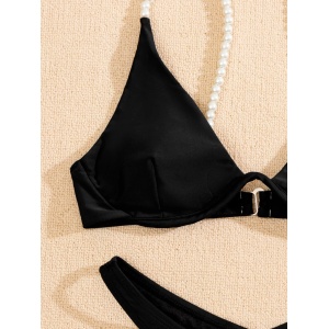 Costum de baie 2 piese, sutien cu sarma de sustinere si perle decorative, negru #ZZ2839 - Img 6