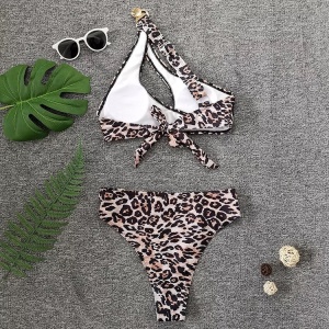 Costum de baie 2 piese, sutien pe un umar, imprimeu leopard, bej/negru #ZZ2824 - Img 5