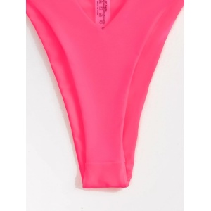 Costum de baie 2 piese, sutien pe un umar, slip cu catarama, roz neon #ZZ2841 - Img 4