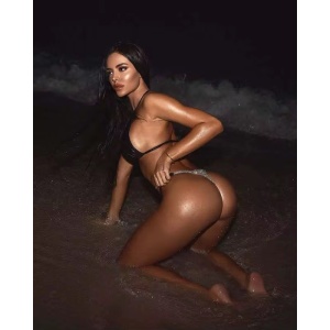 Costum de baie 2 piese tanga cu imprimeu și cristale decorative la slip, negru #ZZ2048 - Img 3