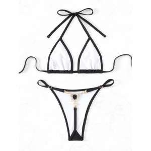 Costum de baie 2 piese tanga, slipe cu elemente metalice si cristale decorative, negru #ZZ2101 - Img 4