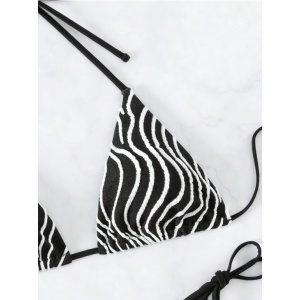 Costum de baie 2 piese texturat cu dungi albe decorative si slip reglabil, negru #ZZ2778 - Img 5