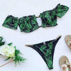 Costum de baie 2 piese texturat cu elemente metalice decorative, verde/negru #ZZ2761 - Img 6
