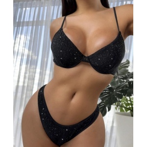 Costum de baie 2 piese texturat cu insertii fine de sclipici, negru #ZZ2842