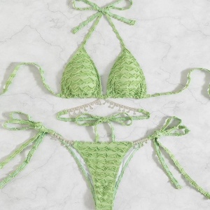 Costum de baie 2 piese texturat cu lantisoare si cristale decorative, verde #ZZ2894 - Img 2