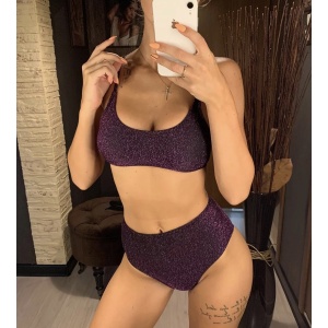 Costum de baie 2 piese texturat cu sclipici, slio cu talie inalta, mov #ZZ2759 - Img 2