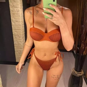 Costum de baie 2 piese texturat, cupe tari buretate, maro #ZZ2780 - Img 2