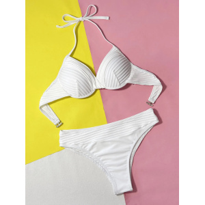 Costum de baie 2 piese texturat, cupe tari buretate, slip brazilian cu talie inalta, alb #ZZ2090 - Img 3
