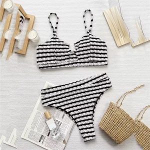 Costum de baie 2 piese texturat, in dungi, slip cu talie inalta, alb/negru #ZZ2055 - Img 2
